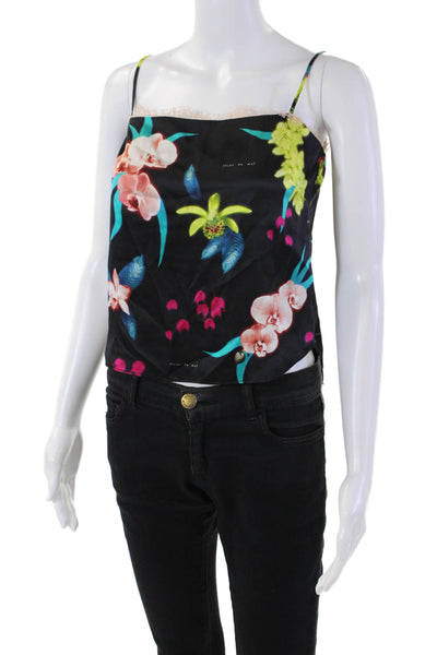 Fleur du Mal Womens Silk Floral Print Lace Trim Camisole Blouse Black Size XS