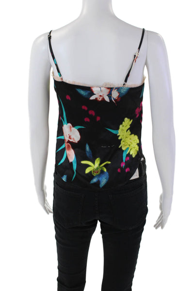 Fleur du Mal Womens Silk Floral Print Lace Trim Camisole Blouse Black Size XS