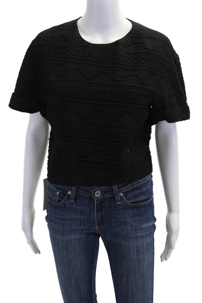Alice + Olivia Womens Textured Leather Trim Short Sleeve Blouse Top Black Size 6