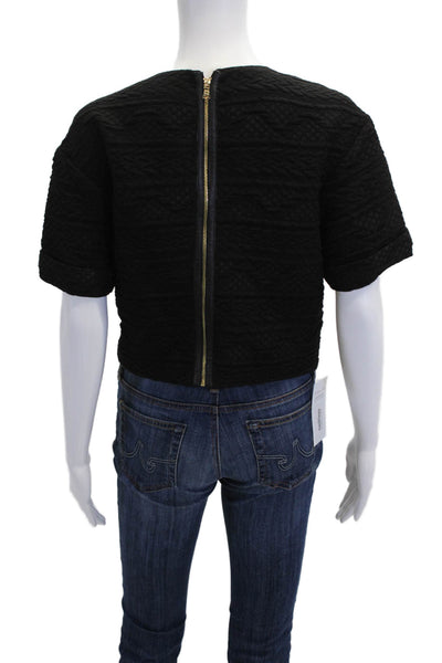 Alice + Olivia Womens Textured Leather Trim Short Sleeve Blouse Top Black Size 6