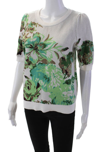 Maeve Anthropologie Womens Keyhole Back Short Sleeve Floral Sweater Green Size S