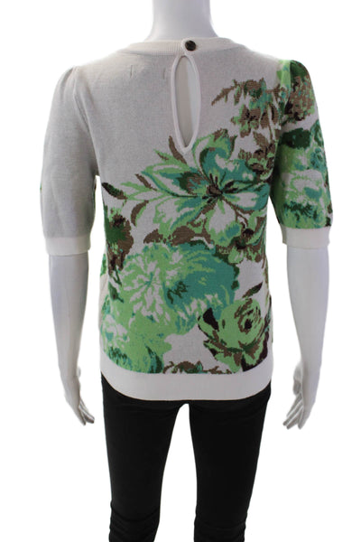 Maeve Anthropologie Womens Keyhole Back Short Sleeve Floral Sweater Green Size S