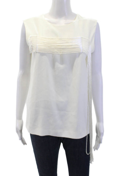 DKNY Womens Round Neck Sleeveless Asymmetrical Tassel Blouse White Size M