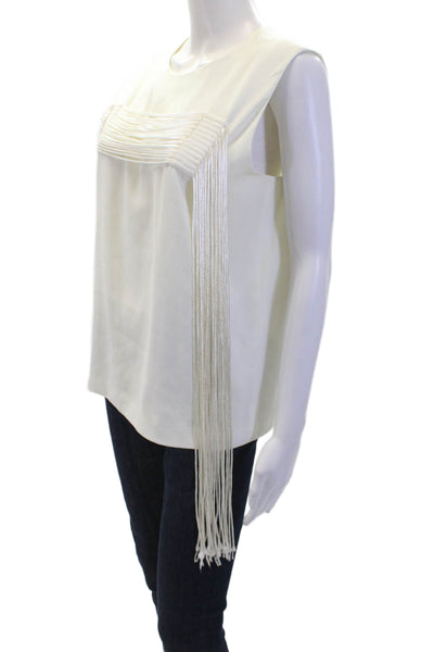 DKNY Womens Round Neck Sleeveless Asymmetrical Tassel Blouse White Size M