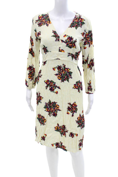 Ba&Sh Womens V Neck Long Sleeve Abstract Print Midi Dress Cream Size 6