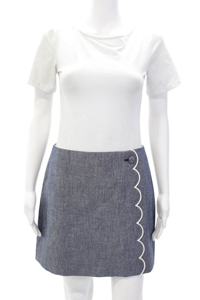 J Crew Womens Back Zip Scalloped Mini Pencil Skirt Blue White Cotton Size 6P