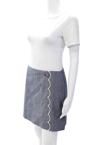 J Crew Womens Back Zip Scalloped Mini Pencil Skirt Blue White Cotton Size 6P