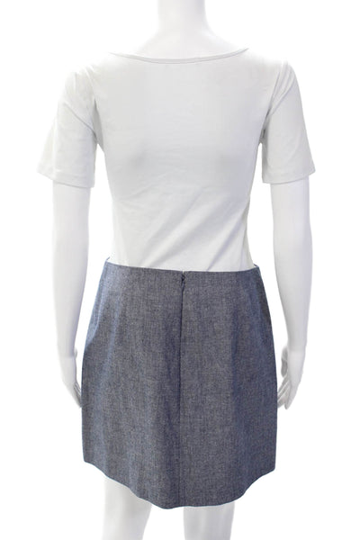J Crew Womens Back Zip Scalloped Mini Pencil Skirt Blue White Cotton Size 6P