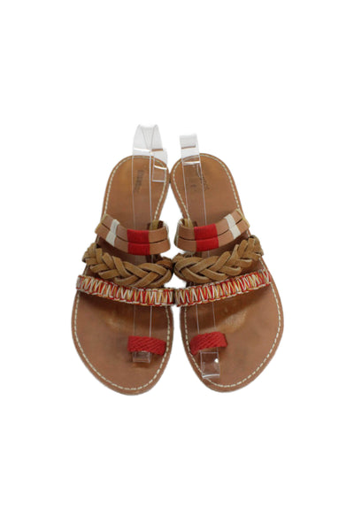 Soludos Womens Braided Knit Strappy Slide Sandals Brown Red Leather Size 9.5