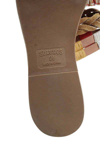 Soludos Womens Braided Knit Strappy Slide Sandals Brown Red Leather Size 9.5