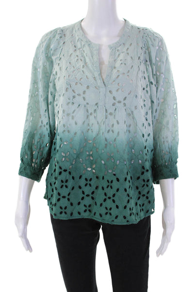Gerard Darel Women's Short Sleeves Round Neck Eyelet Blouse Green Ombre Size 2