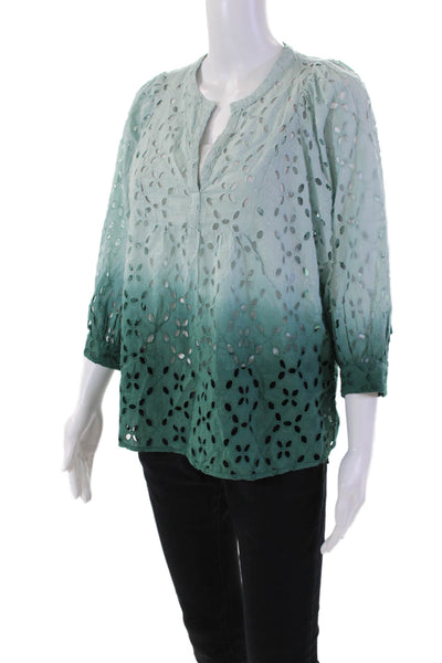 Gerard Darel Women's Short Sleeves Round Neck Eyelet Blouse Green Ombre Size 2