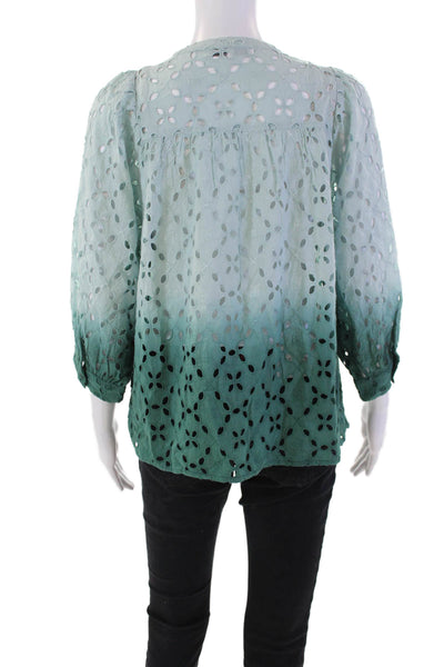 Gerard Darel Women's Short Sleeves Round Neck Eyelet Blouse Green Ombre Size 2