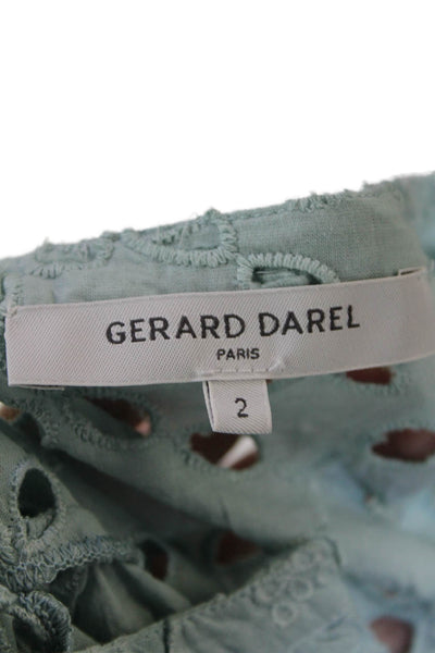 Gerard Darel Women's Short Sleeves Round Neck Eyelet Blouse Green Ombre Size 2