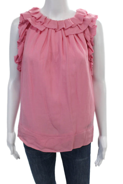 Leifsdottir Womens Silk Solid Ruffle Detail Round Neckline Blouse Pink Size 10