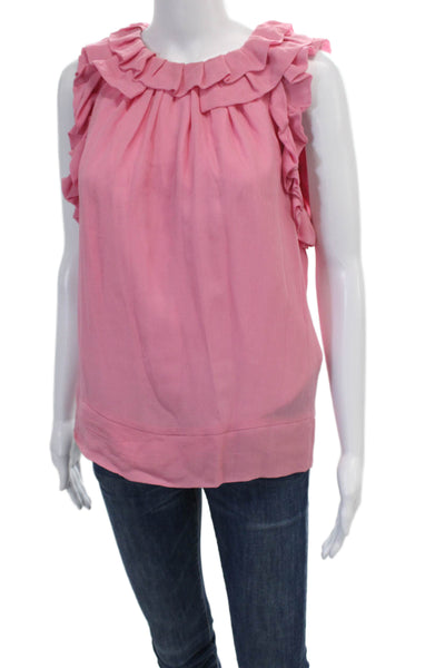 Leifsdottir Womens Silk Solid Ruffle Detail Round Neckline Blouse Pink Size 10