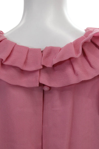 Leifsdottir Womens Silk Solid Ruffle Detail Round Neckline Blouse Pink Size 10