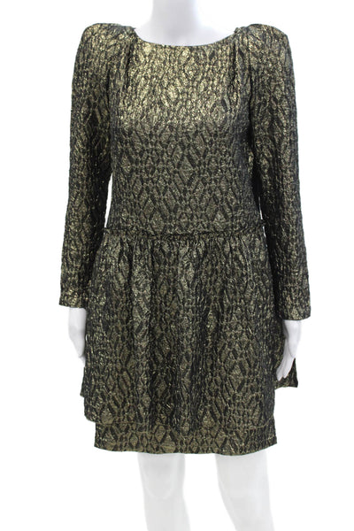 Mary McFadden Womens Metallic Geometric Long Sleeve Zip Up Dress Gold Size 12