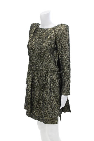 Mary McFadden Womens Metallic Geometric Long Sleeve Zip Up Dress Gold Size 12