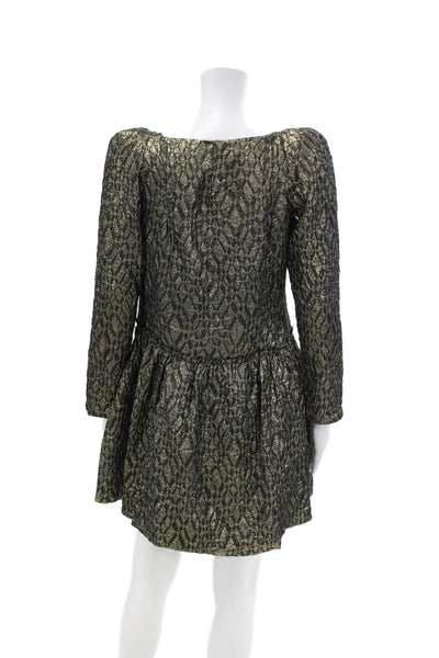 Mary McFadden Womens Metallic Geometric Long Sleeve Zip Up Dress Gold Size 12