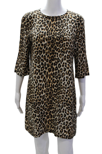 Equipment Femme Womens Silk Animal Print Long Sleeve Sheath Dress Brown Size M