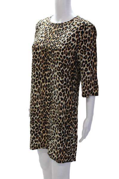Equipment Femme Womens Silk Animal Print Long Sleeve Sheath Dress Brown Size M