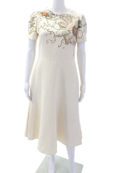 Valentino Womens Short Sleeve Metallic Floral Embroidered Dress White Size 6
