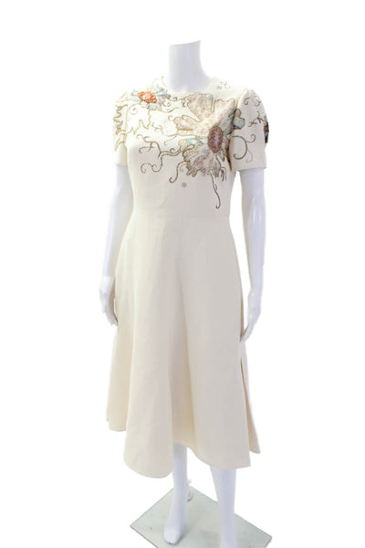 Valentino Womens Short Sleeve Metallic Floral Embroidered Dress White Size 6