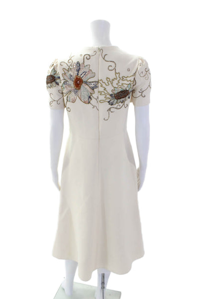 Valentino Womens Short Sleeve Metallic Floral Embroidered Dress White Size 6