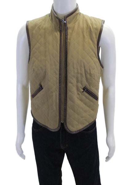 Adam Adam Lippes Mens Cotton Leather Trim Quilted Vest Beige Size S
