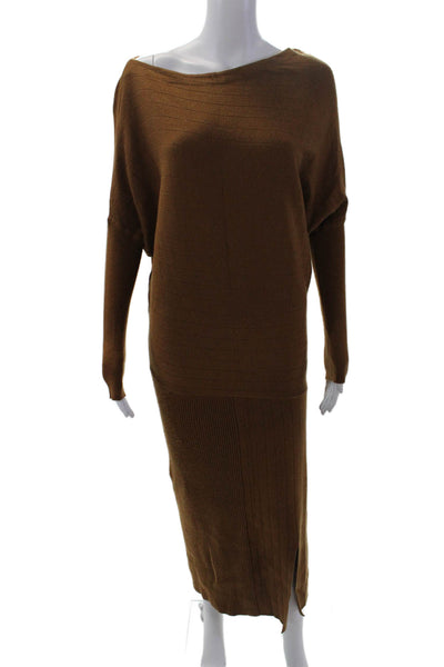 Victor Alfaro Women's Dolman Sleeves Slit Hem Midi Sweater Dress Brown Size XS