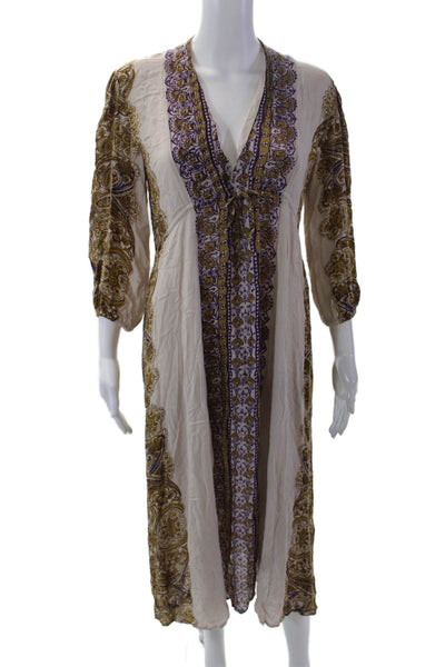 Free People Womens Floral Printed V-Neck 3/4 Sleeve Maxi Dress Beige Size XS