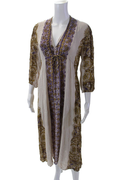 Free People Womens Floral Printed V-Neck 3/4 Sleeve Maxi Dress Beige Size XS