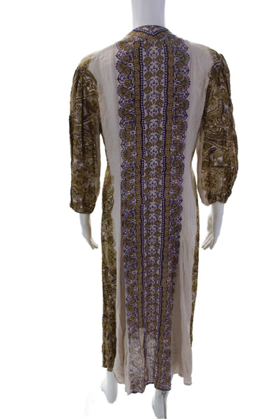 Free People Womens Floral Printed V-Neck 3/4 Sleeve Maxi Dress Beige Size XS