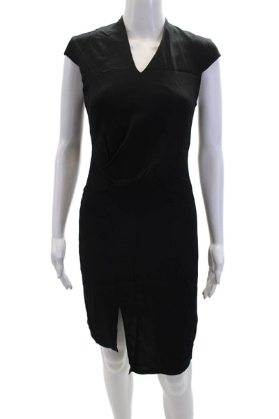 Helmut Lang Womens V-Neck Zip Back Cap Sleeve Shift Dress Solid Black Size 0