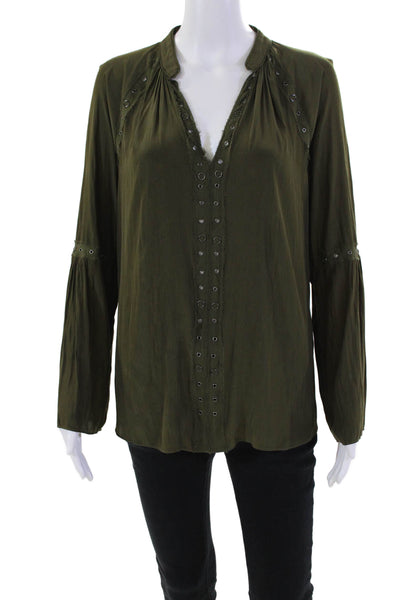 Ramy Brook Womens Grommet Long Sleeve Y-Neck Blouse Top Green Size S