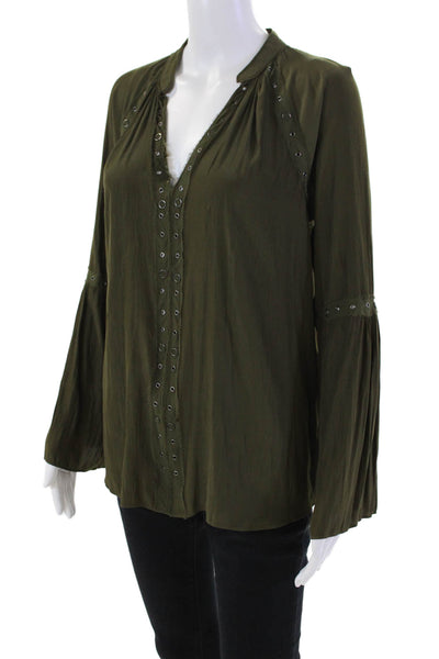 Ramy Brook Womens Grommet Long Sleeve Y-Neck Blouse Top Green Size S