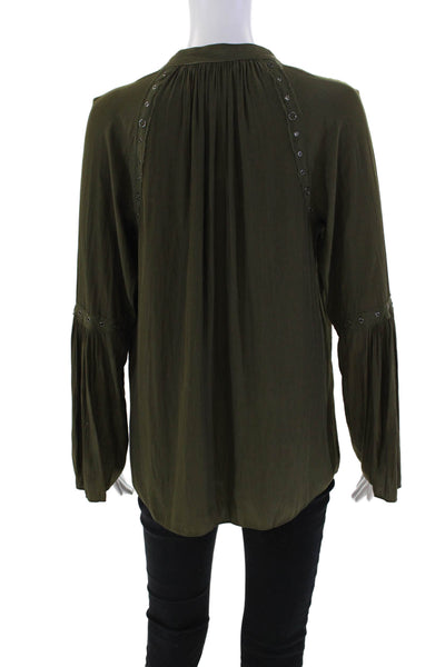 Ramy Brook Womens Grommet Long Sleeve Y-Neck Blouse Top Green Size S