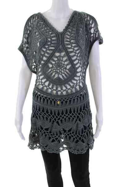 PilyQ Womens Open Knit Cotton Racer Back Short Sleeve Top Charcoal Size XS/S