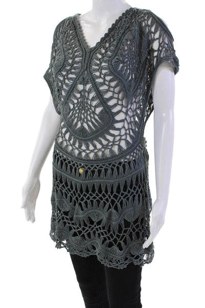 PilyQ Womens Open Knit Cotton Racer Back Short Sleeve Top Charcoal Size XS/S
