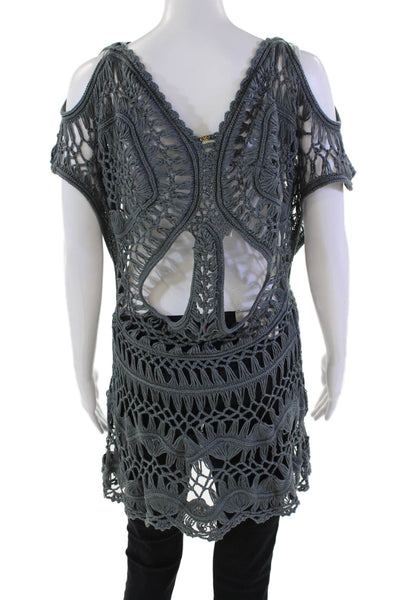 PilyQ Womens Open Knit Cotton Racer Back Short Sleeve Top Charcoal Size XS/S