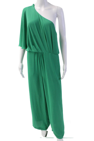 BCBGMAXAZRIA Womens Asymmetrical One Shoulder Straight Leg Jumpsuit Green Size 8