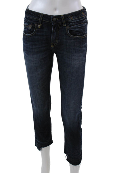 R13 Womens Uneven Hem Howell Indigo Wash Straight Leg Jeans Blue Cotton Size 25