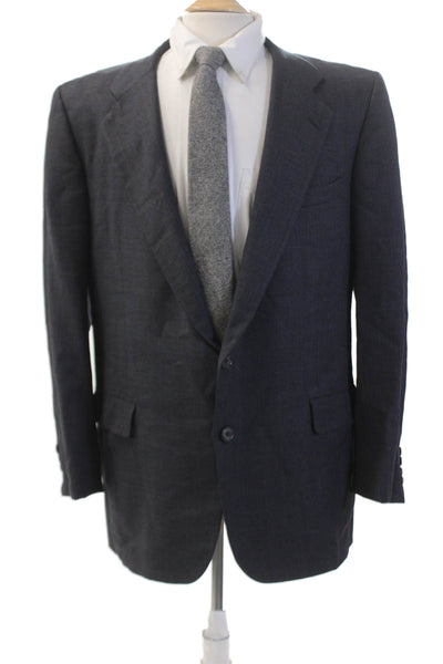 Hickey Freeman Mens Plaid Two Button Blazer Jacket Navy Blue Wool Size 44 Regula