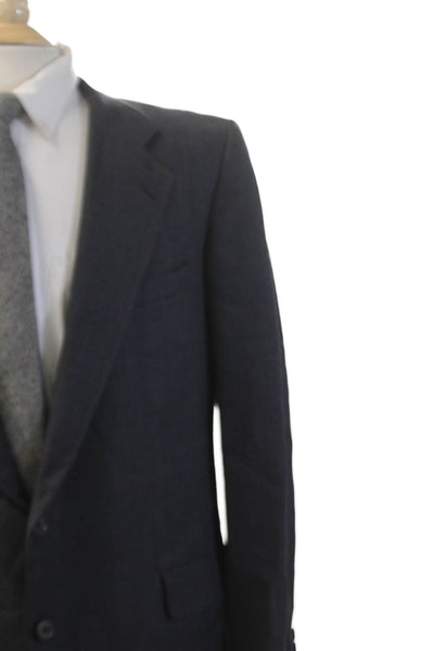 Hickey Freeman Mens Plaid Two Button Blazer Jacket Navy Blue Wool Size 44 Regula