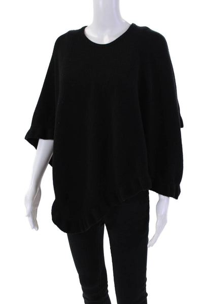 Allude Womens Knit Ruffle Trim Round Neck Pullover Sweater Poncho Black Size XS