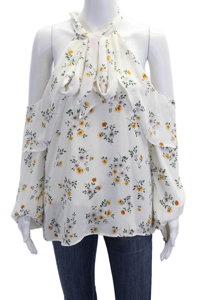 L'Academie Womens Floral Print Cold Shoulder Neck Tie Blouse White Size M
