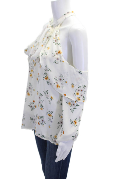 L'Academie Womens Floral Print Cold Shoulder Neck Tie Blouse White Size M