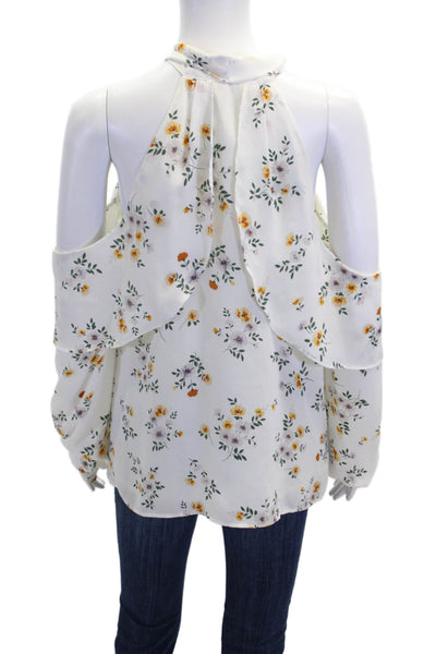 L'Academie Womens Floral Print Cold Shoulder Neck Tie Blouse White Size M