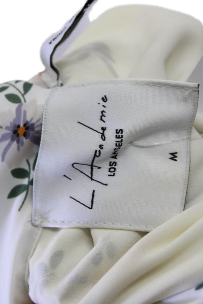L'Academie Womens Floral Print Cold Shoulder Neck Tie Blouse White Size M